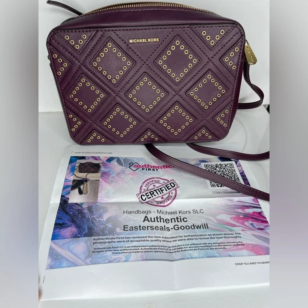 Michael Kors Studded Leather Crossbody Bag Plum Burgundy Gold Tone